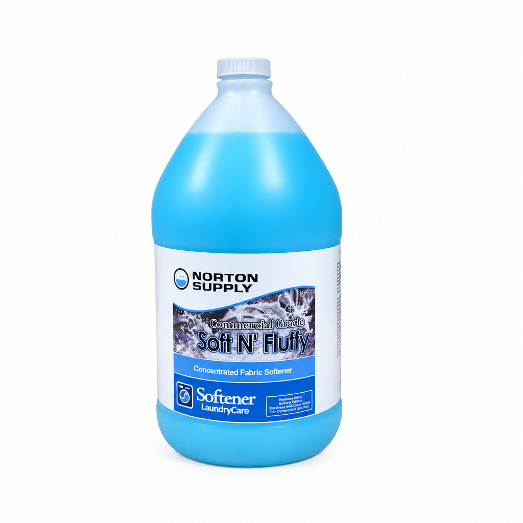 Gallon jug of Soft-N-Fluffy light blue liquid fabric softener