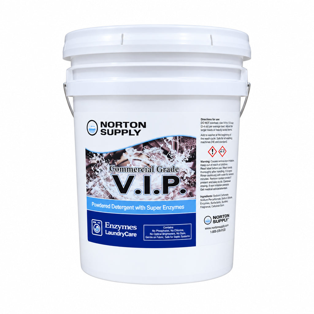 White pail of VIP-120 enzyme laundry detergent