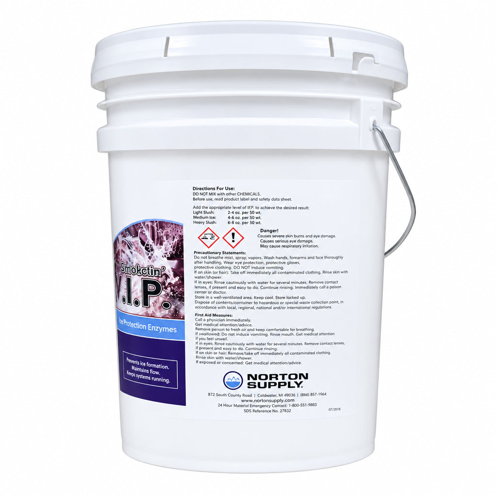 White pail of VIP-120 enzyme detergent with wire handle and Norton Supply label