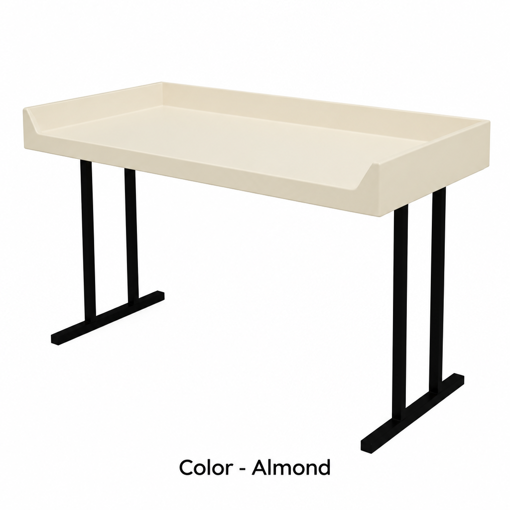 Almond fiberglass folding table top on black steel legs