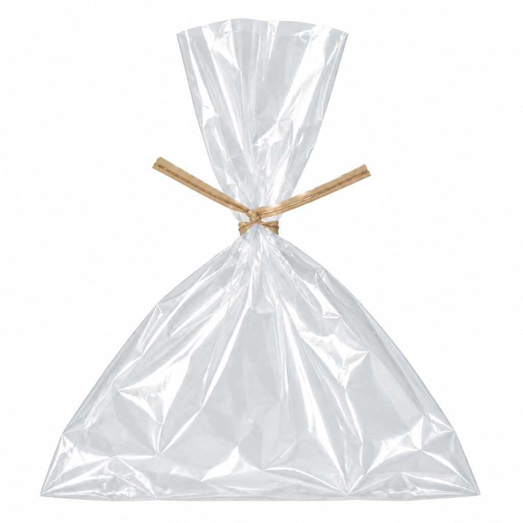 Clear plastic bag closed with a tan twist tie