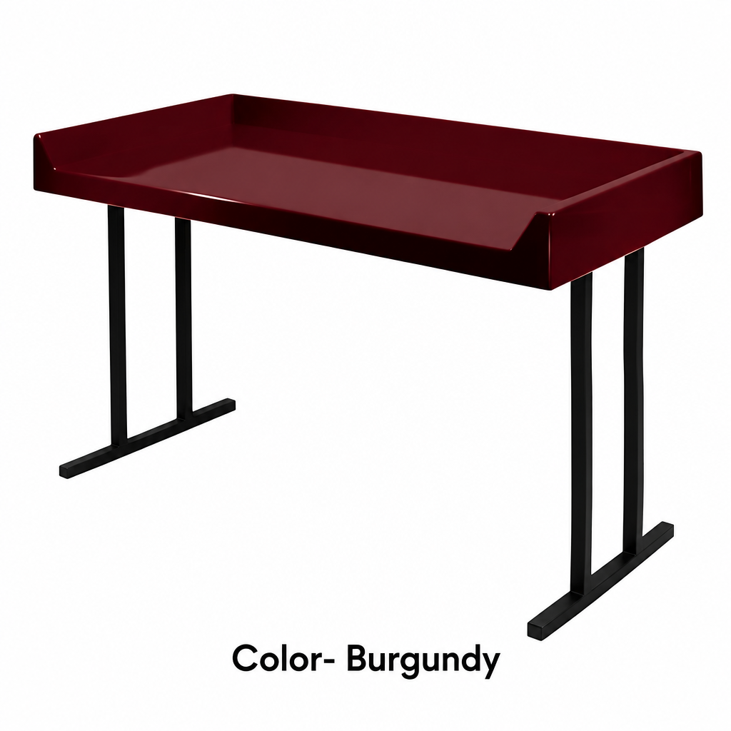 Burgundy fiberglass folding table top on black steel legs