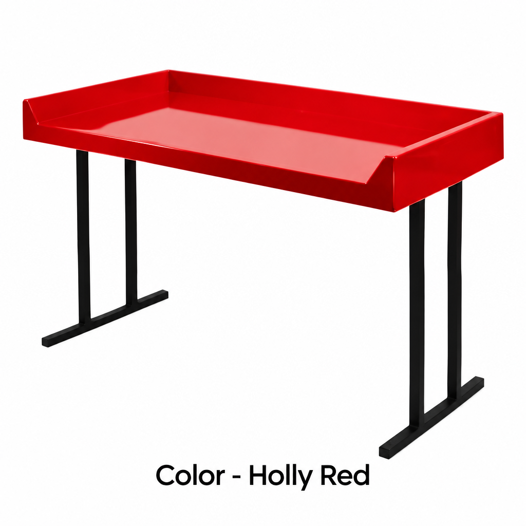 Holly red fiberglass folding table top on black steel legs