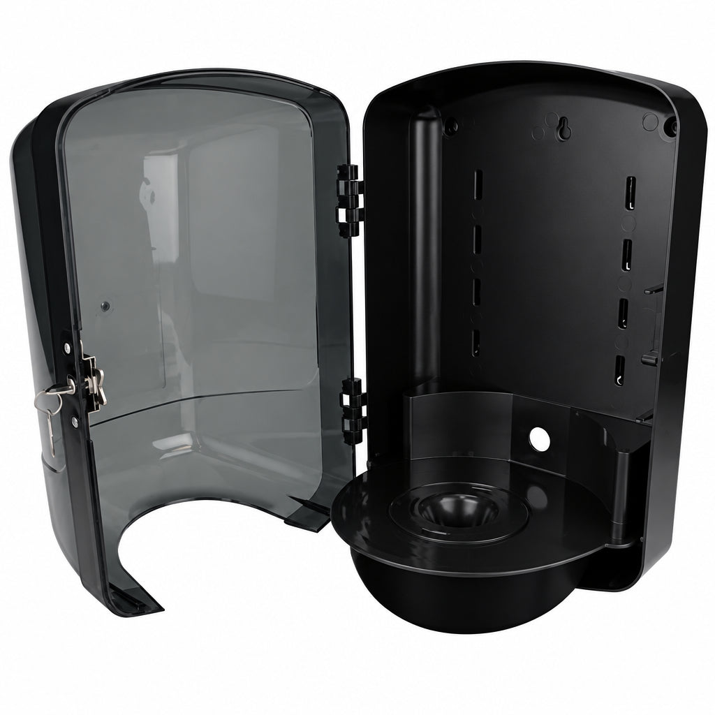 Black center-pull paper towel dispenser shown open with smoked cover