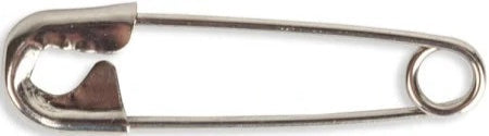 Close-up of a #1 laundry safety pin, showing its sharp point and secure nickel-plated clasp.