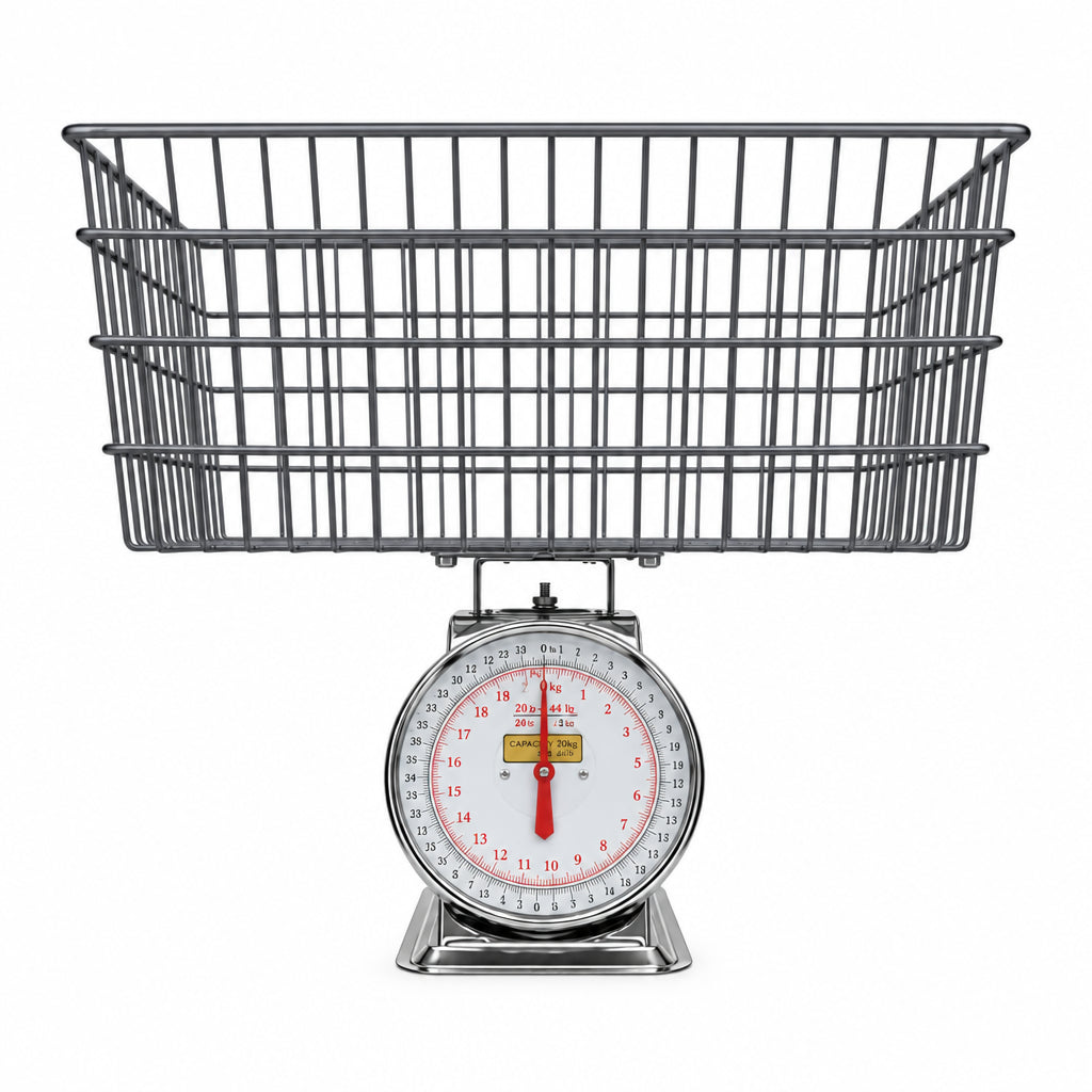 Wire laundry basket on analog dial scale