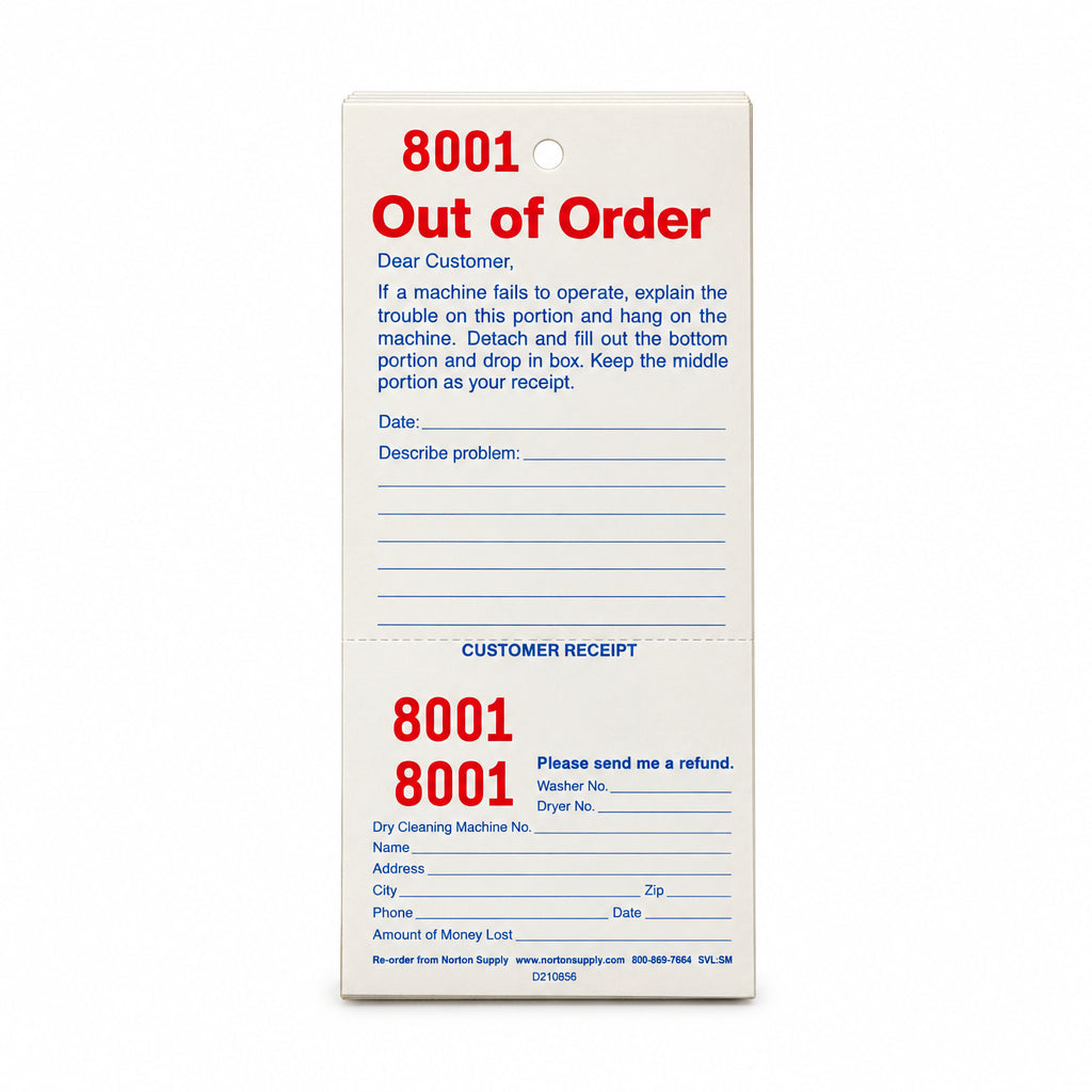 Numbered Out of Order card with tear-off stubs