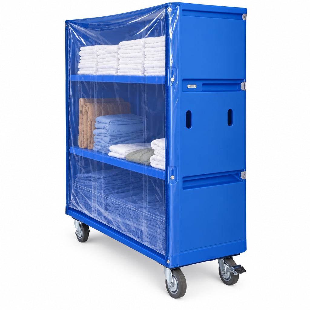 Laundry cart fully enclosed in a blue plastic cover