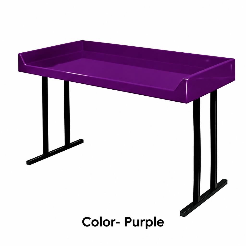 Purple fiberglass folding table top on black steel legs