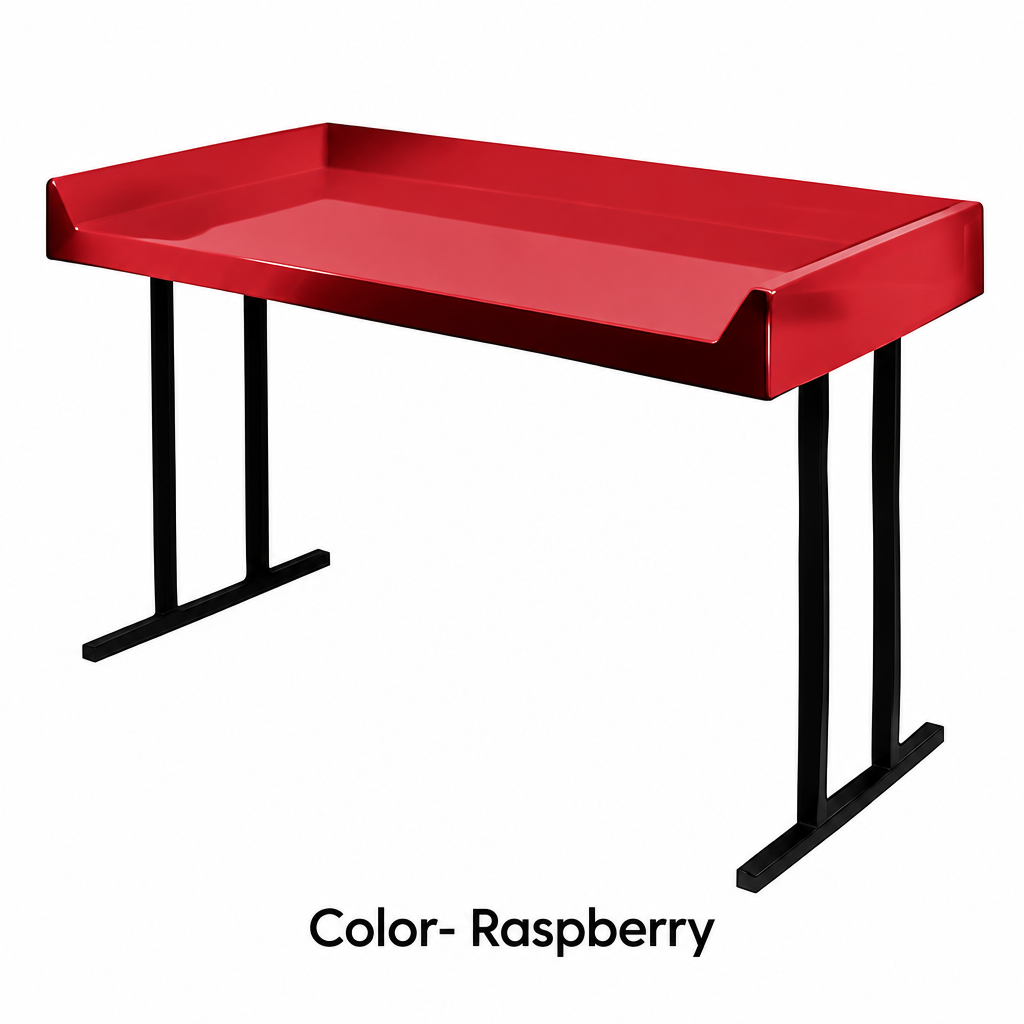 Raspberry fiberglass folding table top on black steel legs
