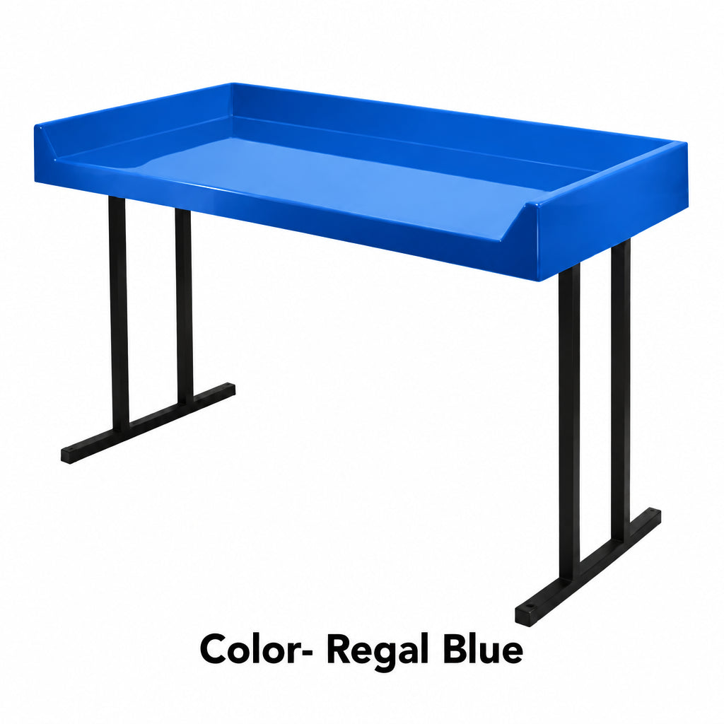 Regal blue fiberglass folding table top on black steel legs