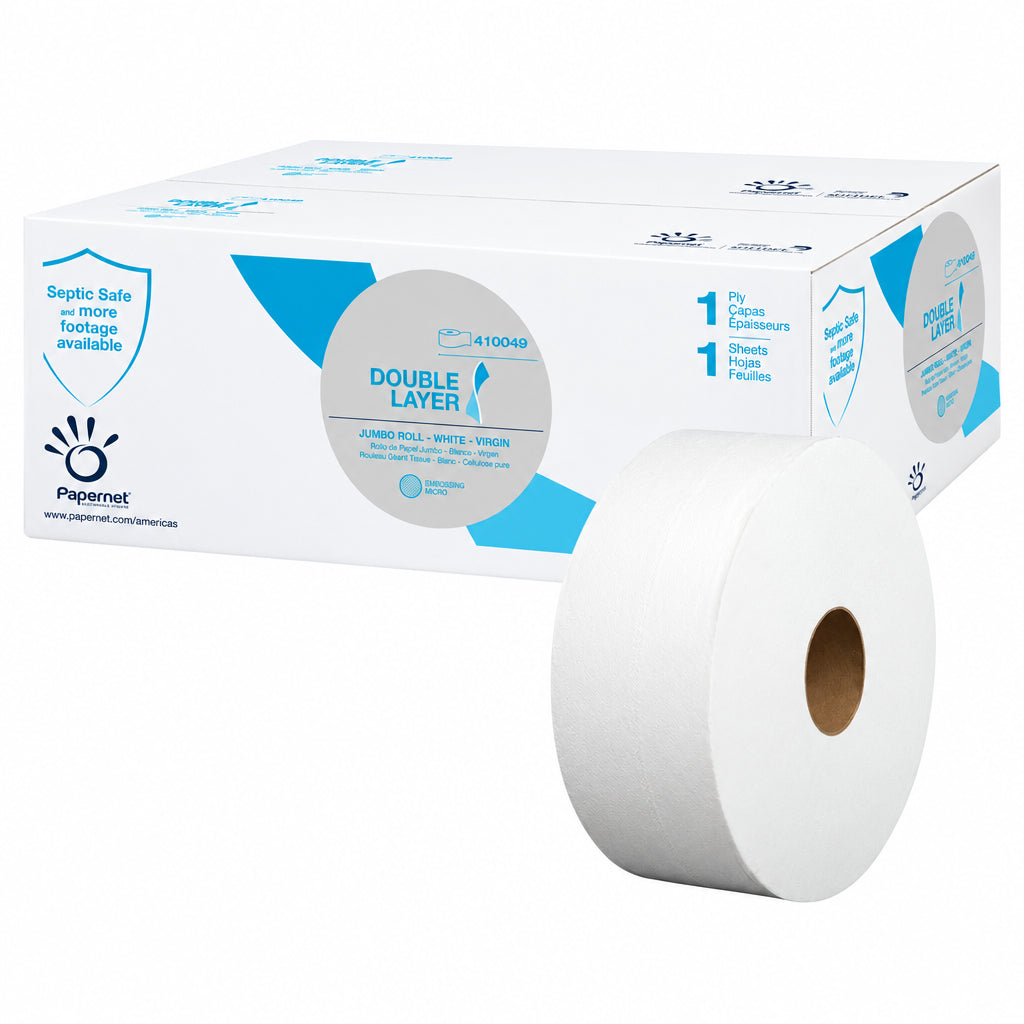Case of Double Layer jumbo toilet tissue with one roll in front