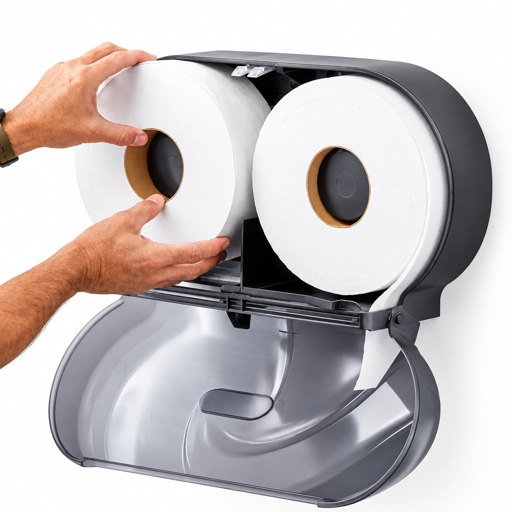 Hands loading jumbo toilet tissue rolls into a twin-roll dispenser