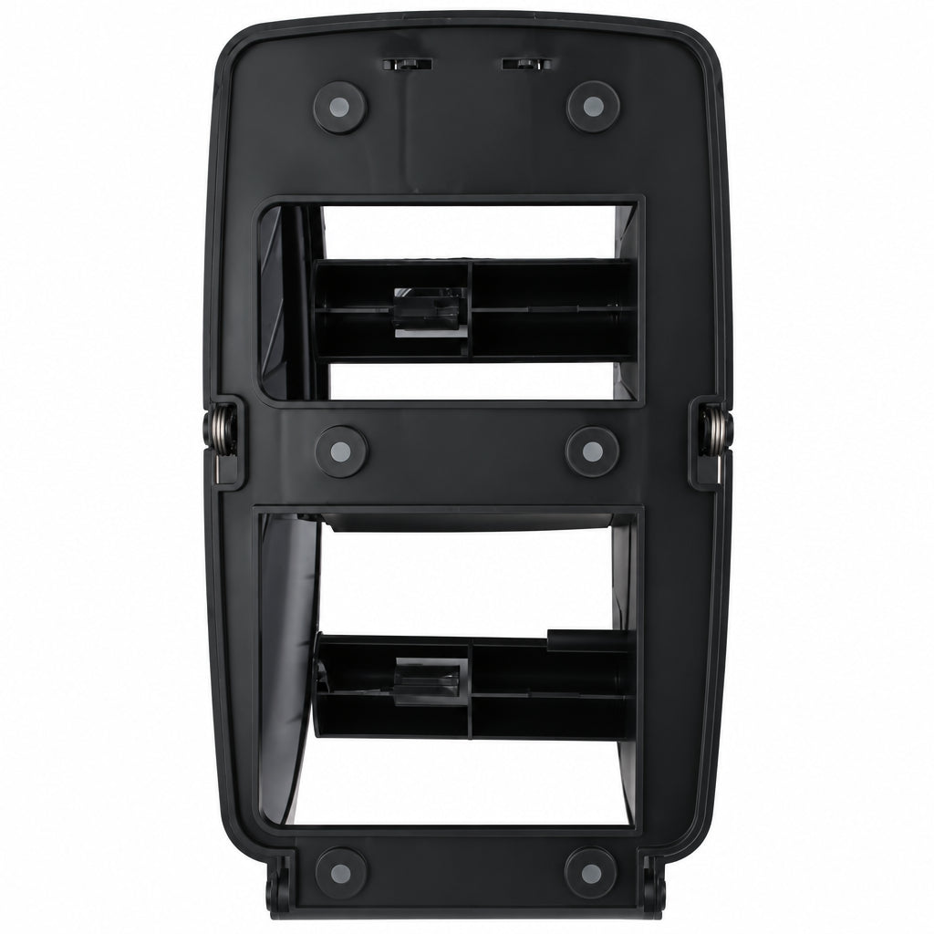 Back of black multi-roll toilet tissue dispenser showing mounting plate