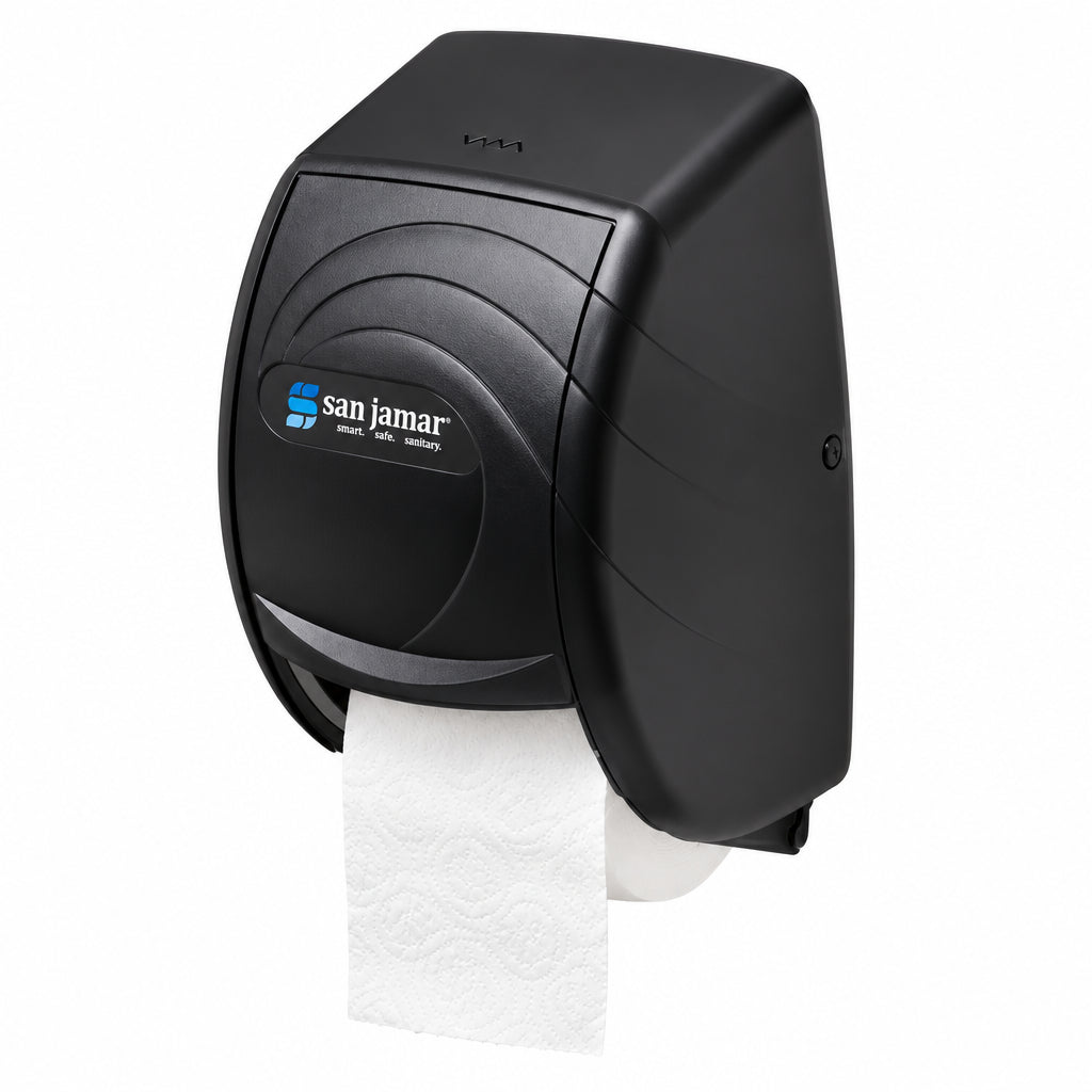 Black multi-roll tissue dispenser mounted on a wall with tissue hanging