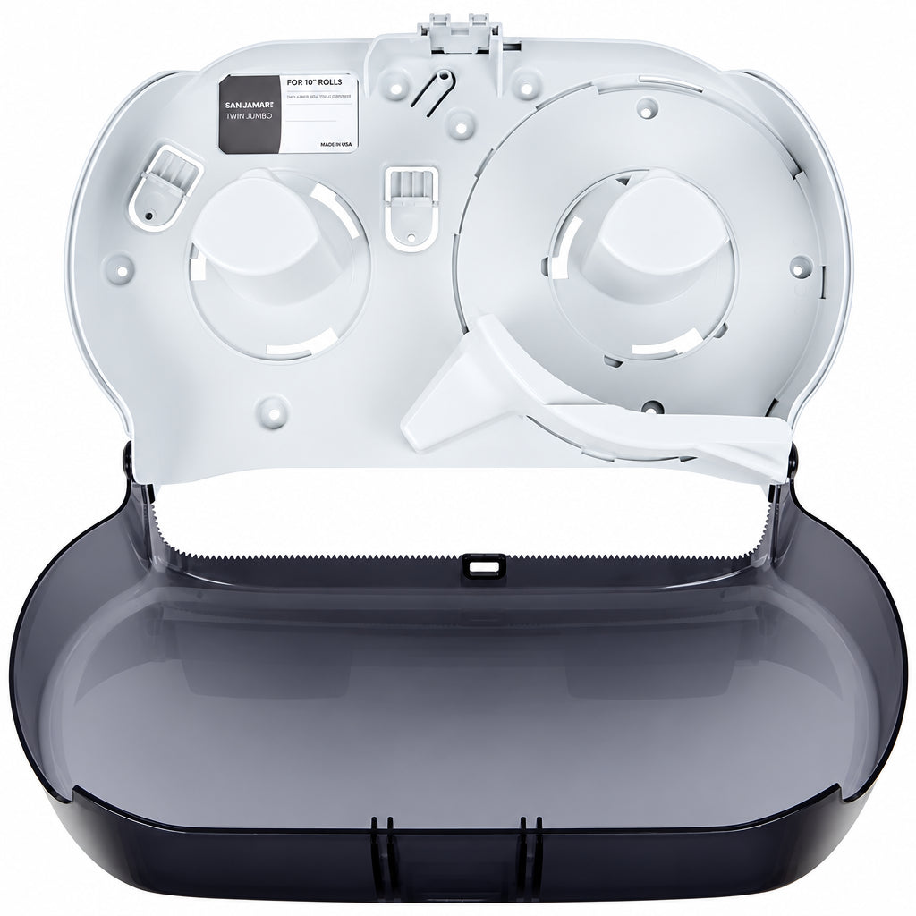 Twin jumbo roll tissue dispenser opened to show smoked cover and roll hubs