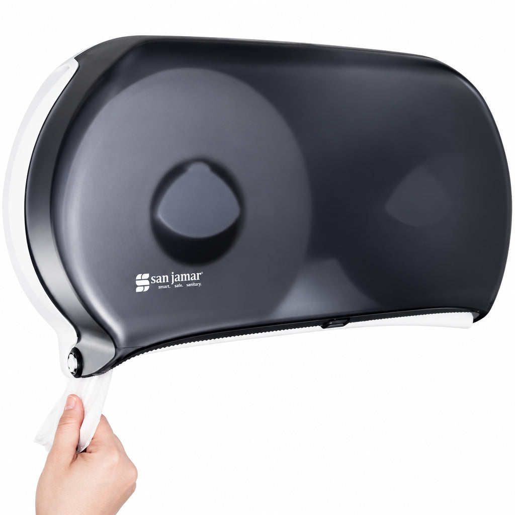 Smoke-gray twin jumbo roll tissue dispenser with hand pulling tissue