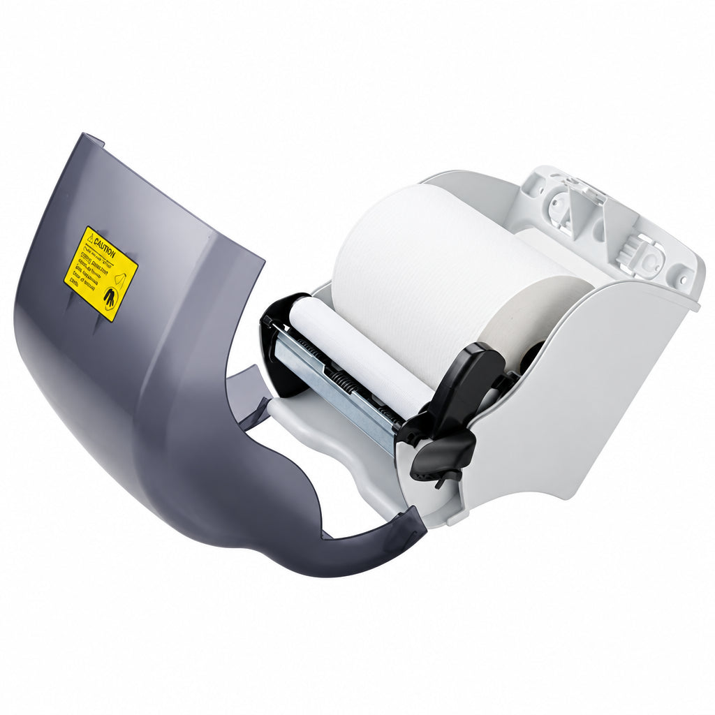 Lever roll towel dispenser mechanism with paper roll, cover removed