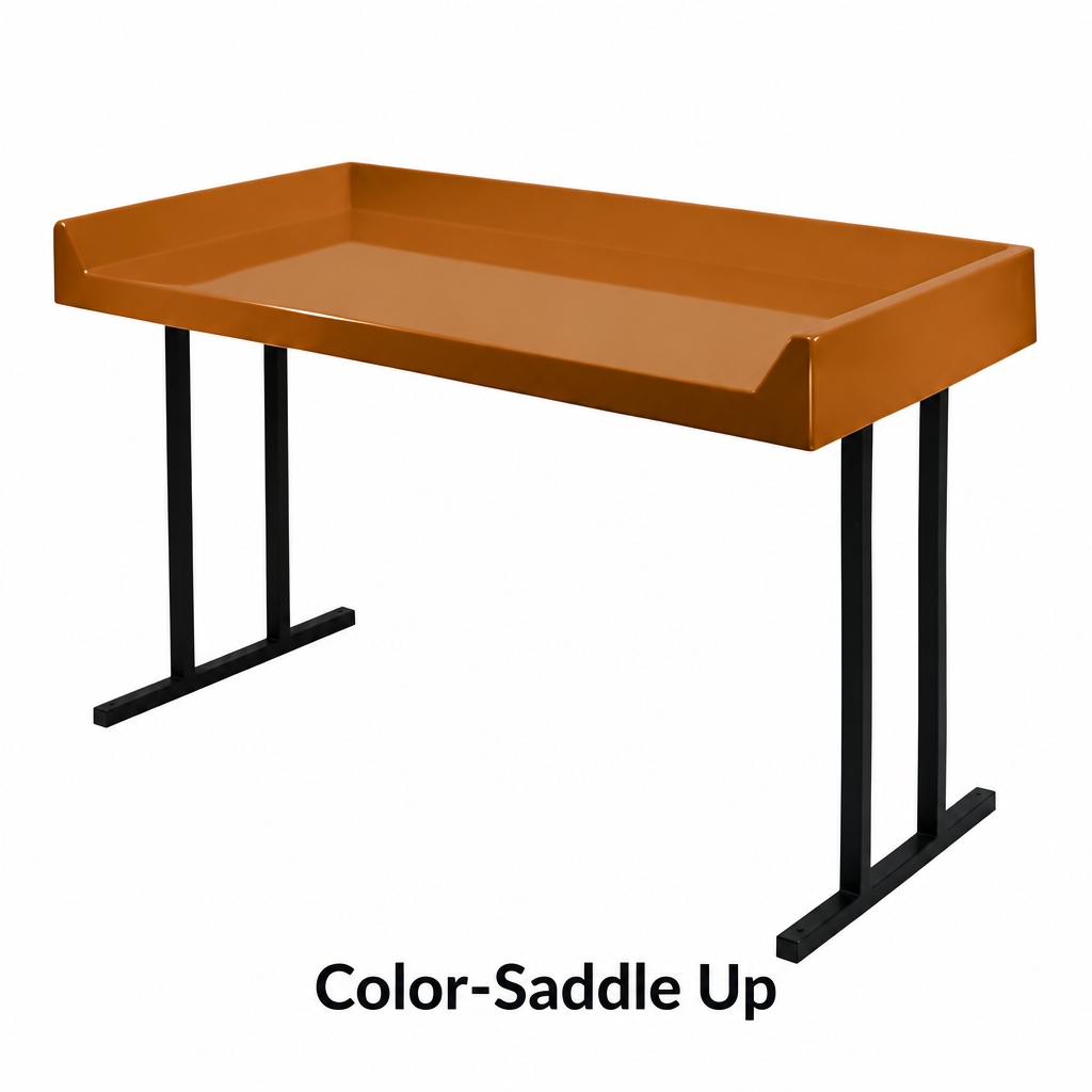 Saddle tan fiberglass folding table top on black steel legs