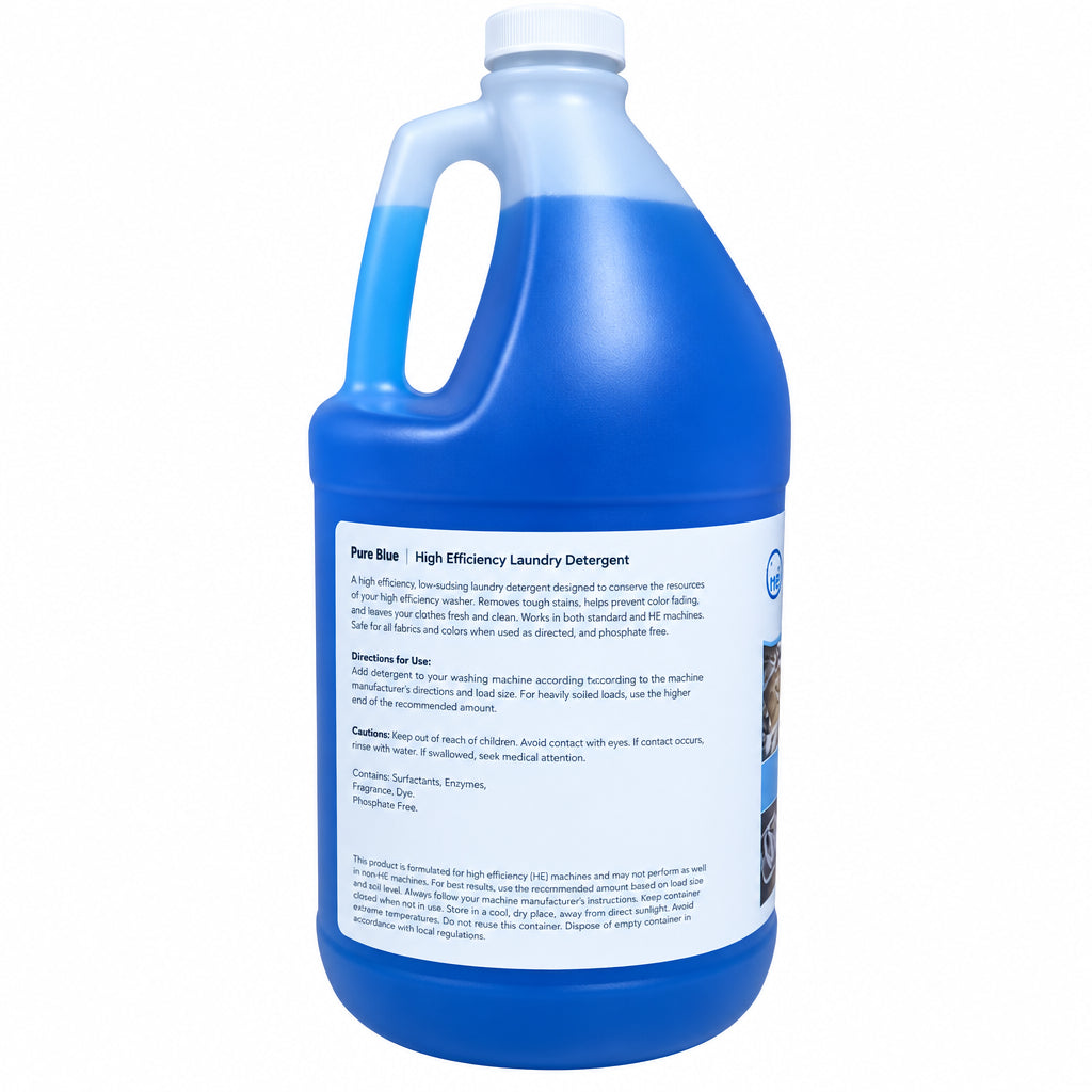 Gallon jug of blue liquid detergent with white label