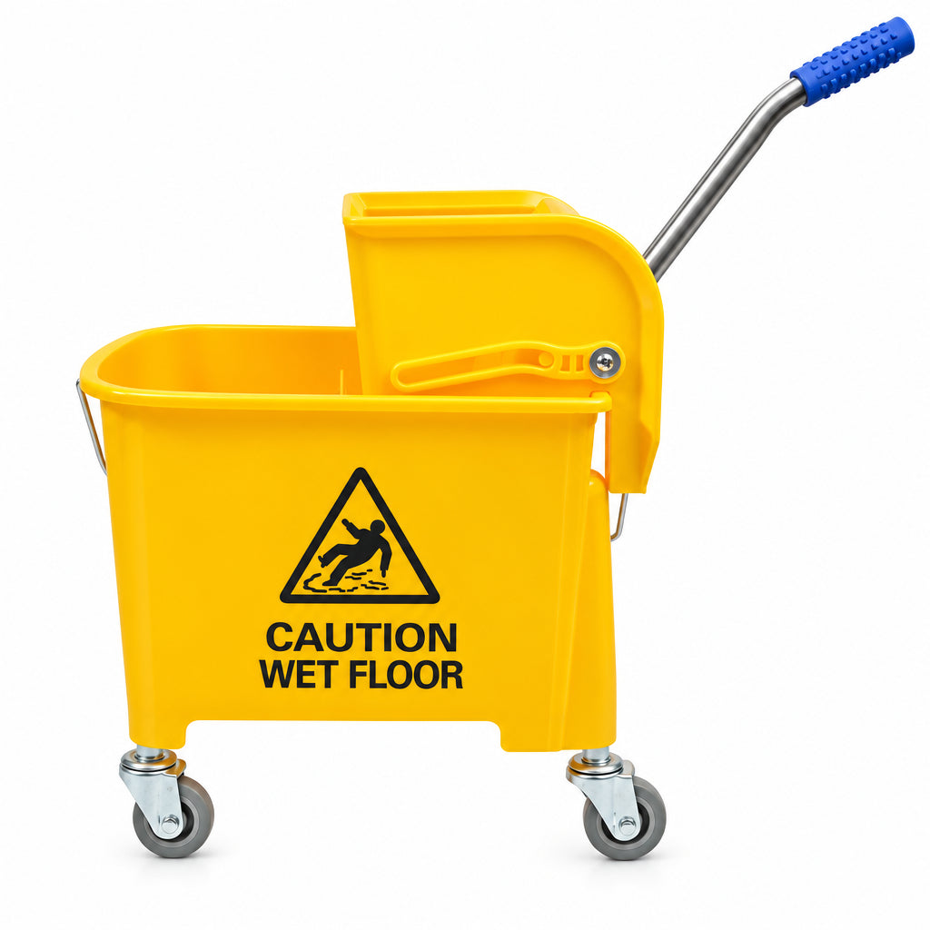 Yellow mop bucket with side-press wringer and caution wet floor graphic