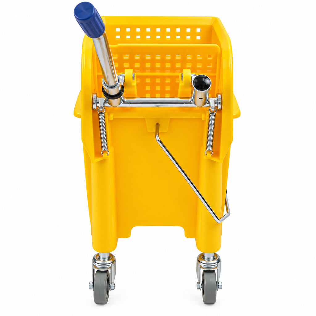 Yellow mop bucket and wringer, end view showing handle