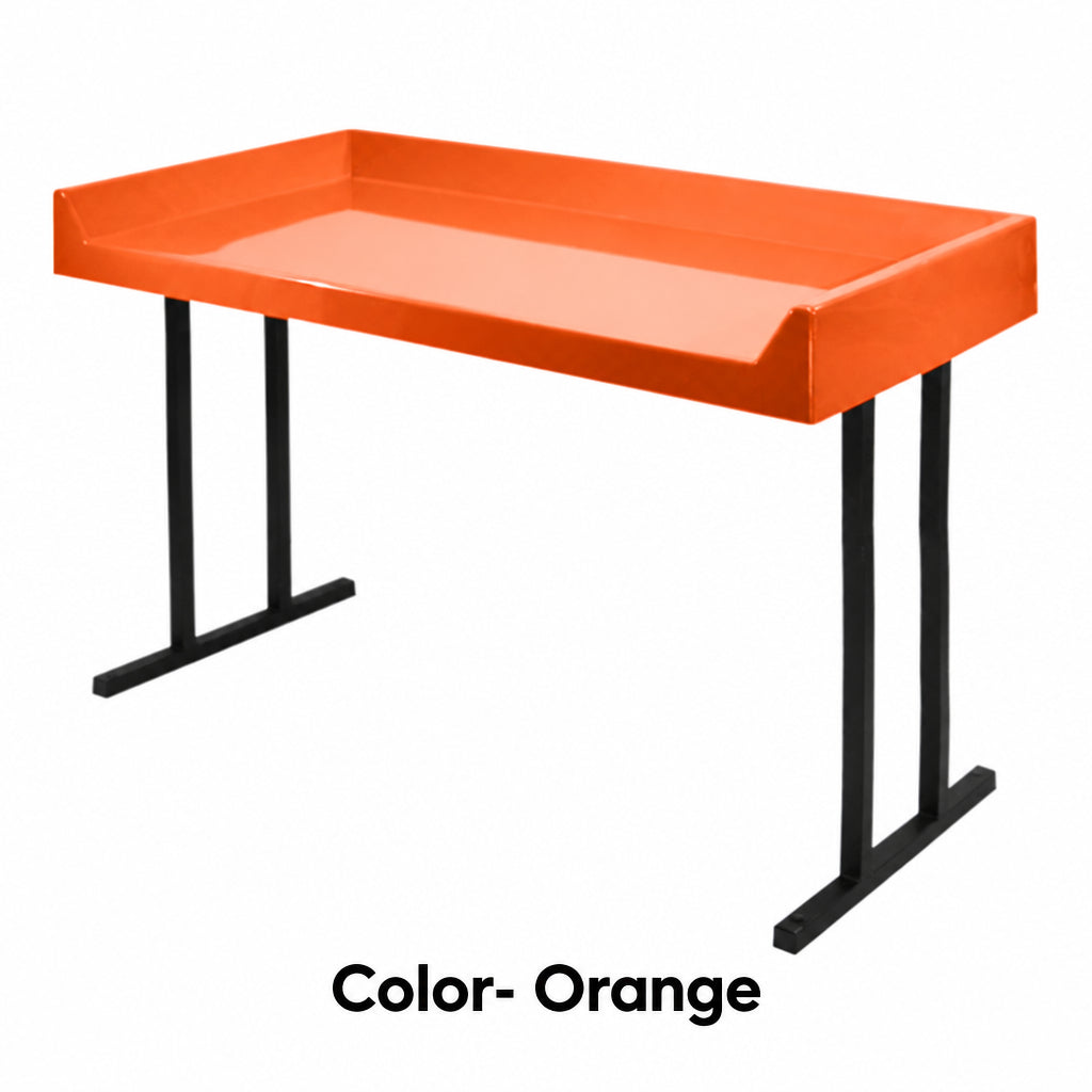 Orange fiberglass folding table top on black steel legs