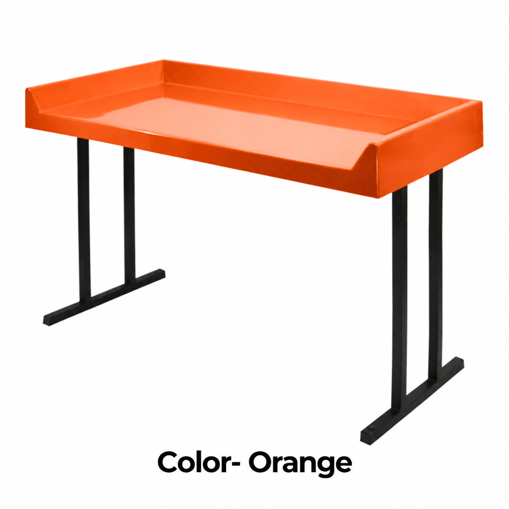 Orange fiberglass folding table top on black steel legs