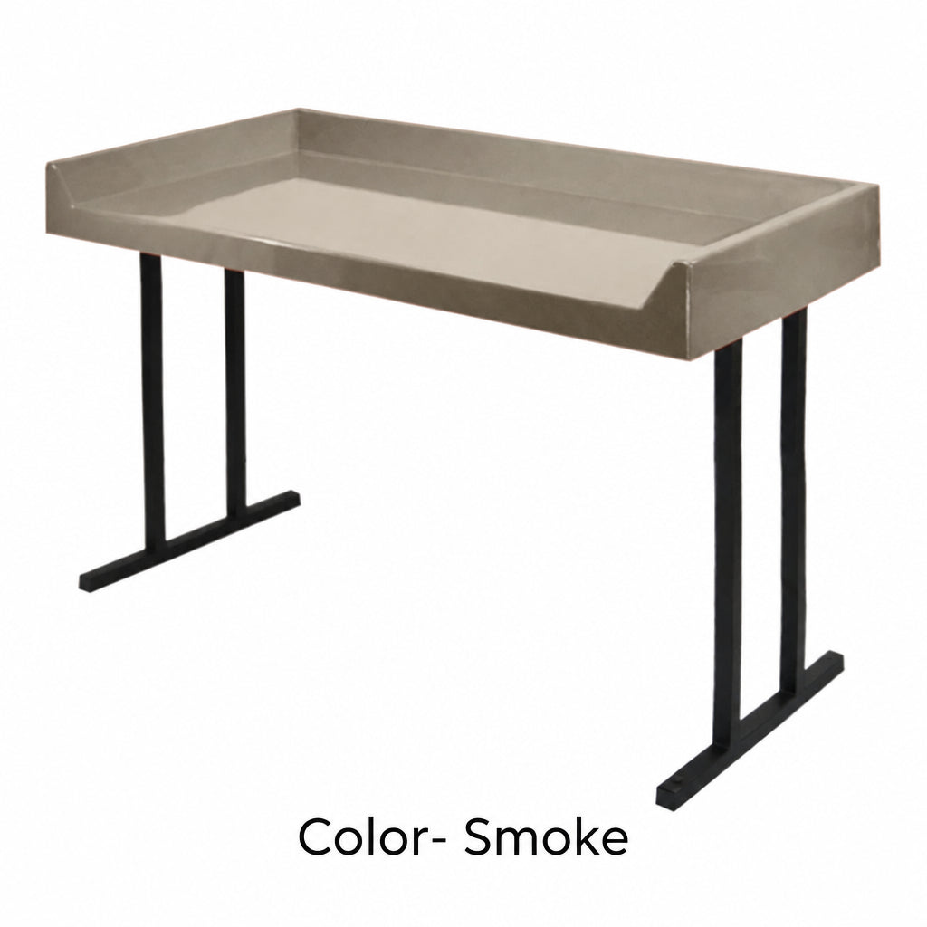Smoke fiberglass folding table top on black steel legs