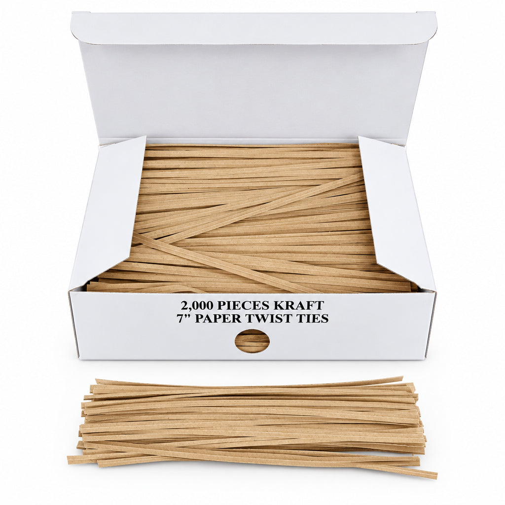 Open box of 2,000 kraft 7-inch paper twist ties with loose tan ties in front