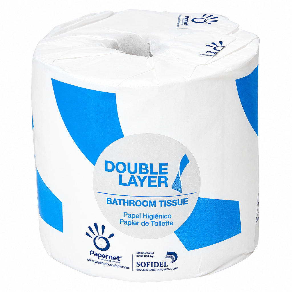 Wrapped roll of Double Layer 2-ply bathroom tissue