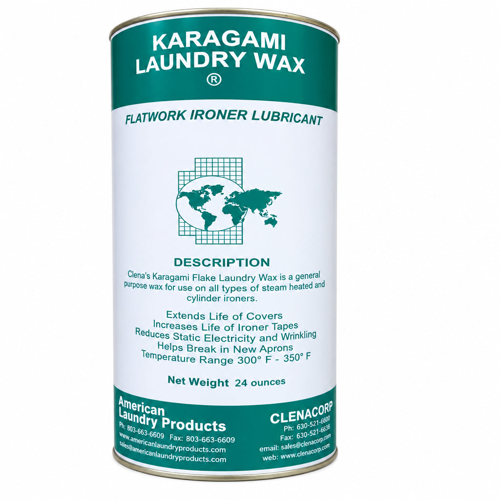 Canister of Karagami powdered laundry wax for ironer lubrication