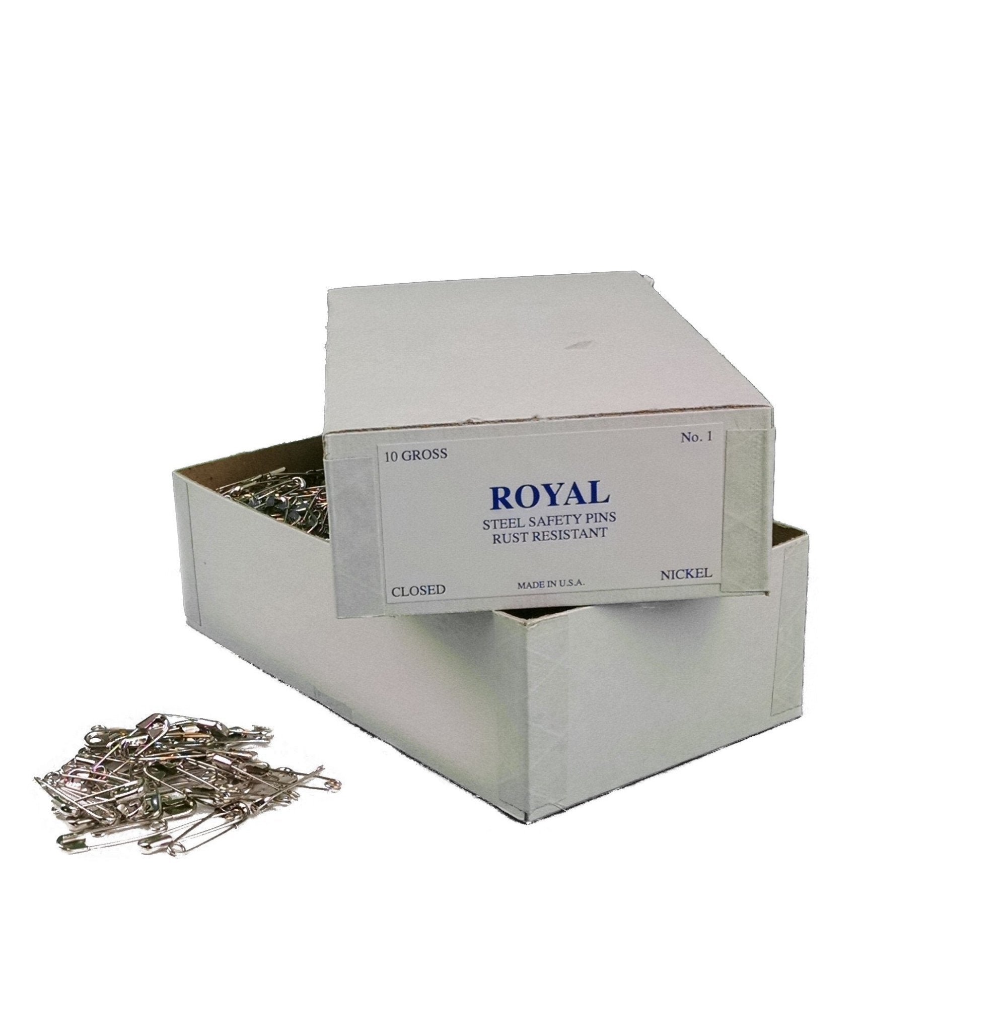 Box of #1 Safety Pins from Norton Supply, containing 10 gross of rust-proof nickel-plated pins for commercial laundry.
