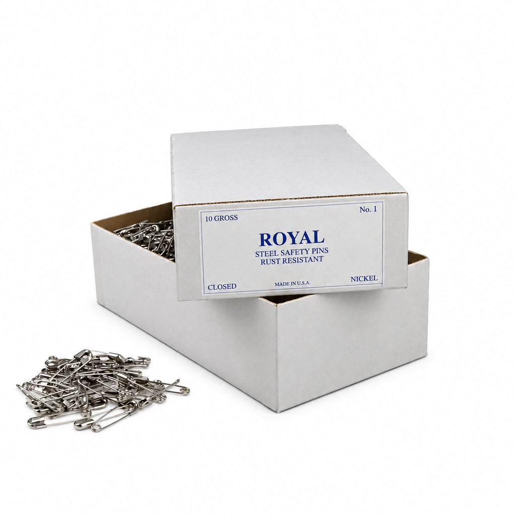 Box of #1 Safety Pins from Norton Supply, containing 10 gross of rust-proof nickel-plated pins for commercial laundry.