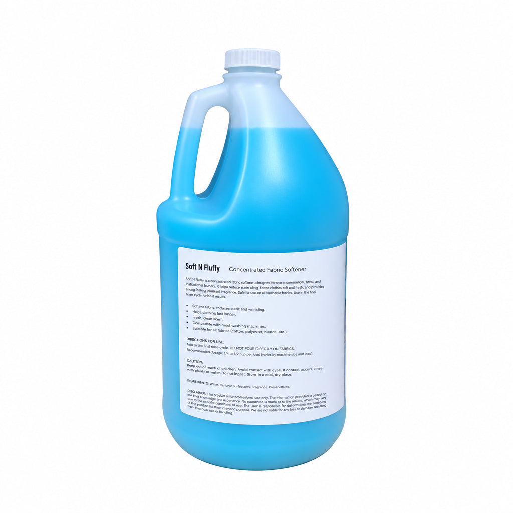 Gallon jug of blue Soft-N-Fluffy fabric softener
