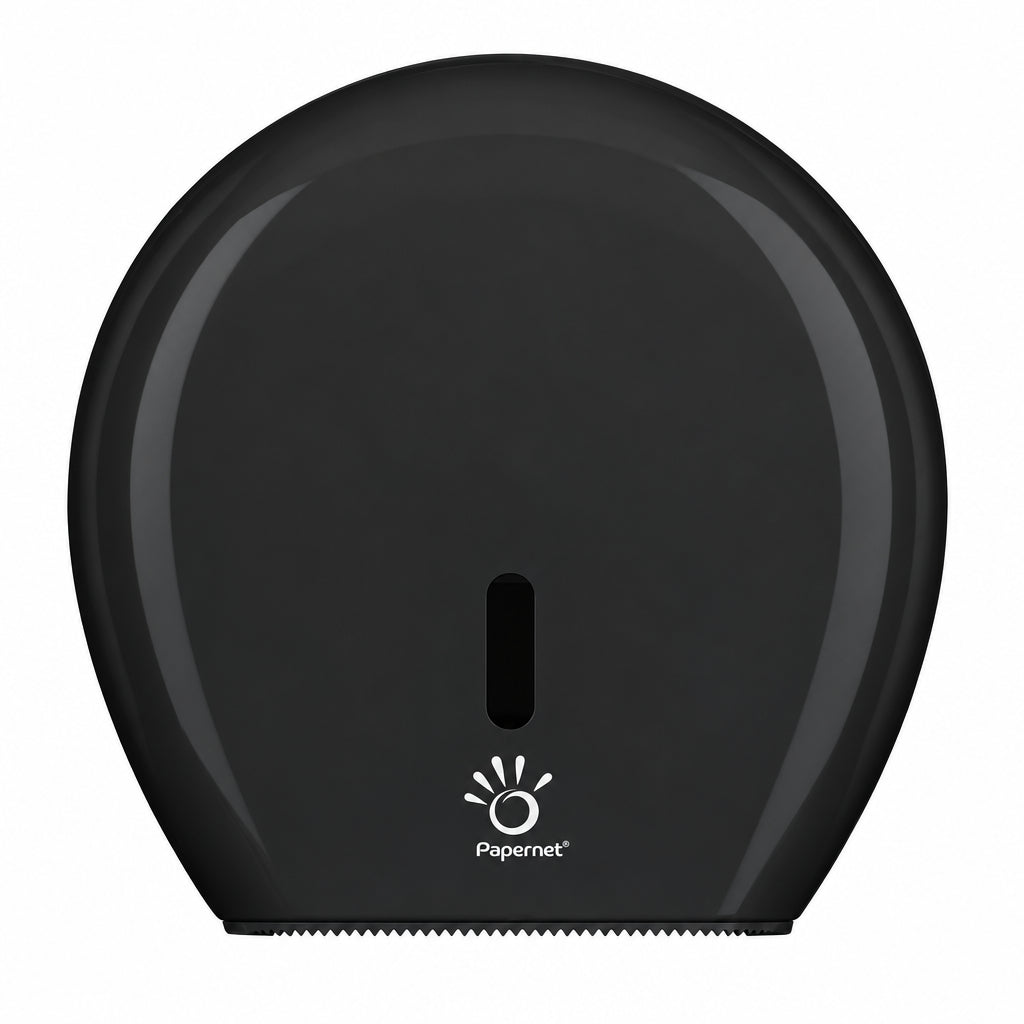Black round jumbo roll toilet tissue dispenser, 12 inch
