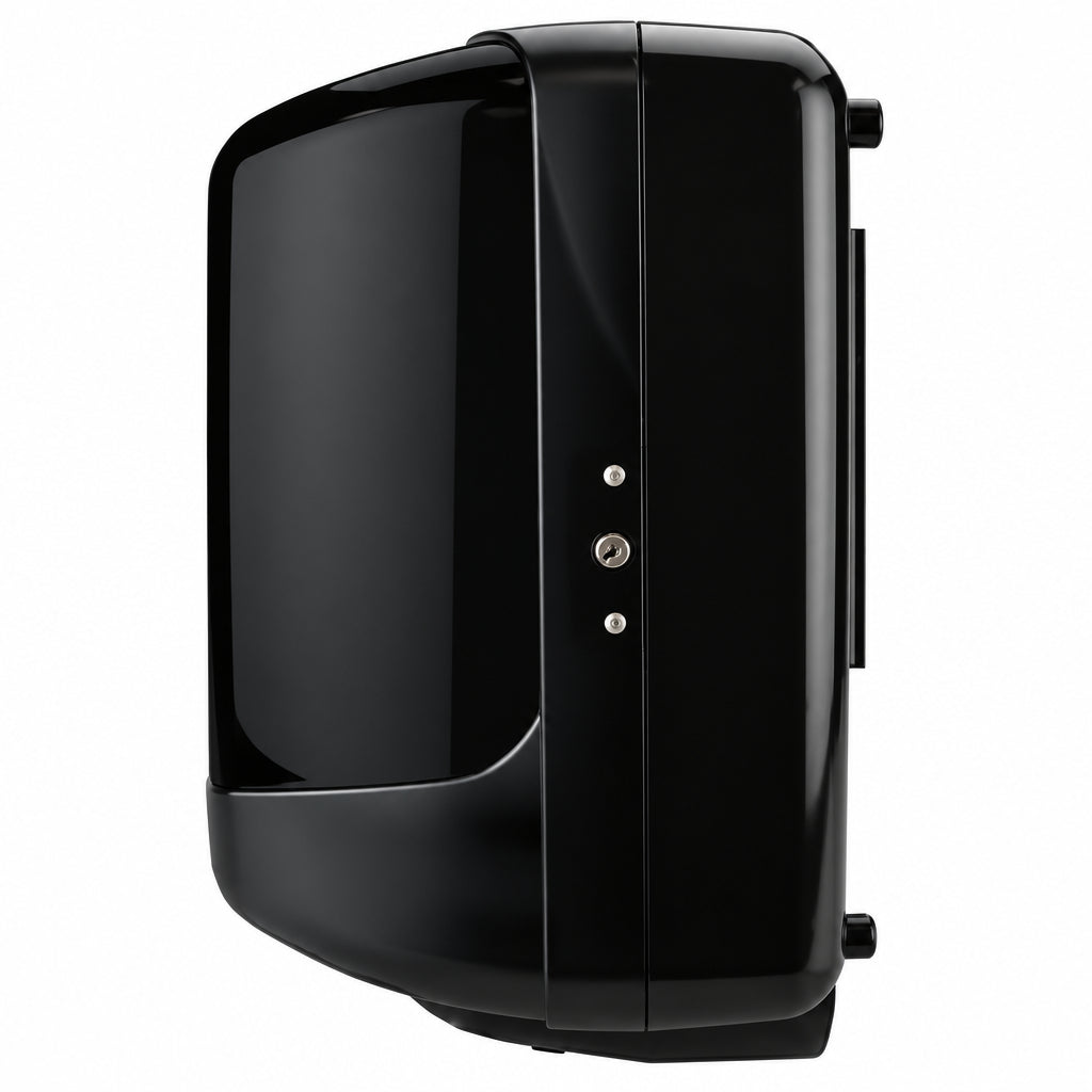 Black center-pull paper towel dispenser, closed, side view