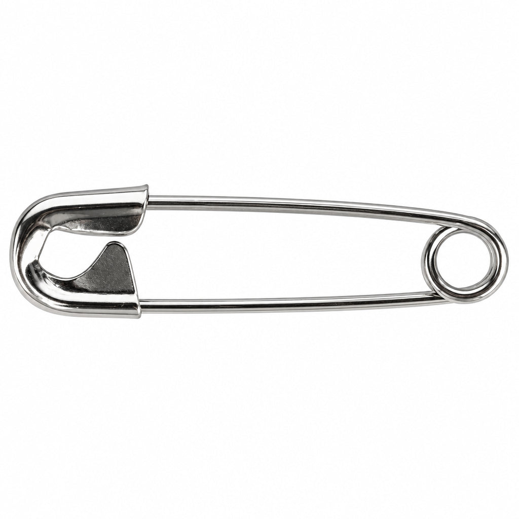 Close-up of a #1 laundry safety pin, showing its sharp point and secure nickel-plated clasp.