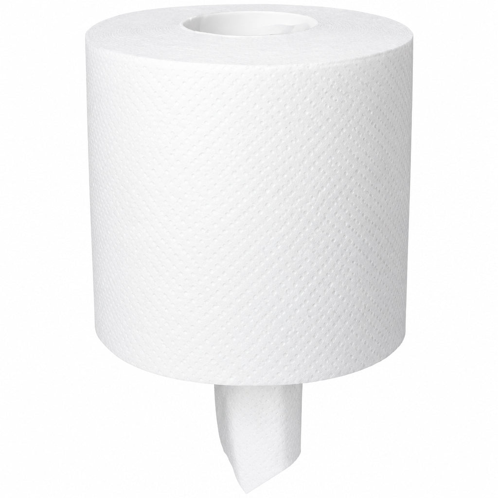 White center-pull paper towel roll with sheet pulled from center