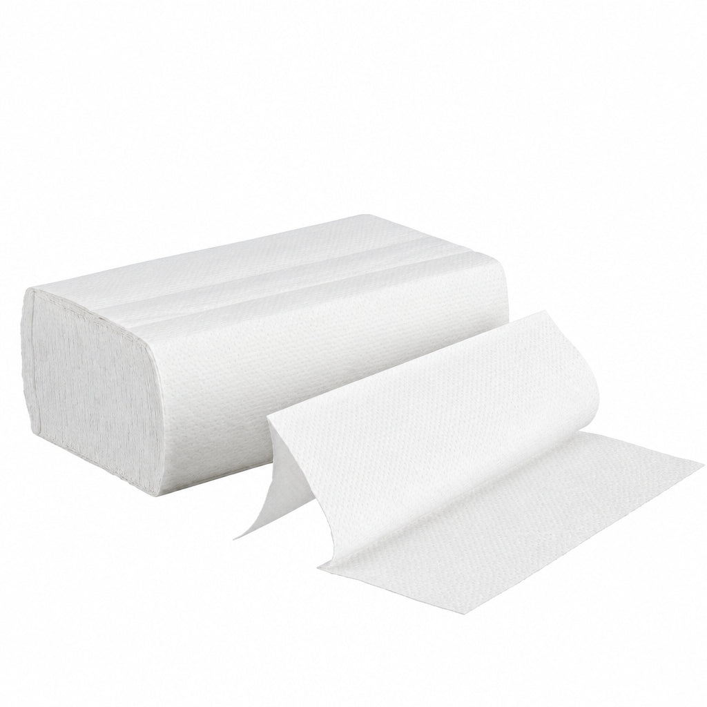 White multifold paper towels, stacked and unfolded