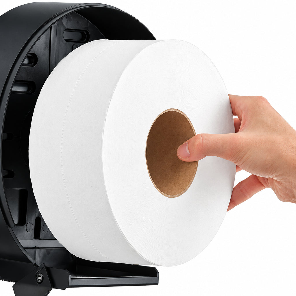 Hand loading a white jumbo toilet tissue roll into a dispenser