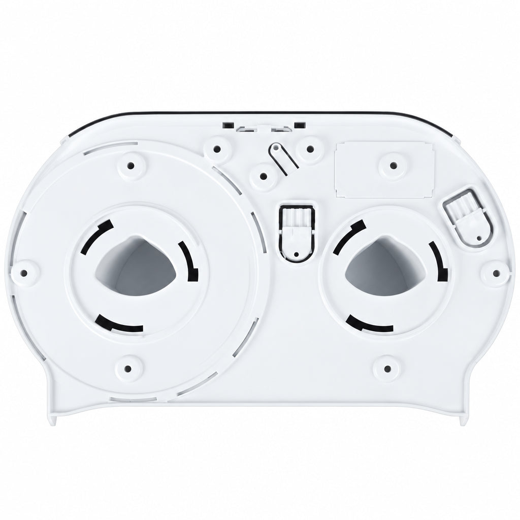 Back plate and roll hubs of a twin jumbo roll tissue dispenser