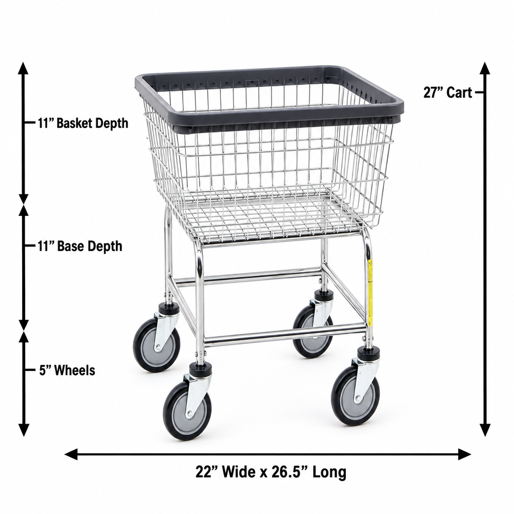 Measurement chart of a metal utility cart with dimensions labeled.