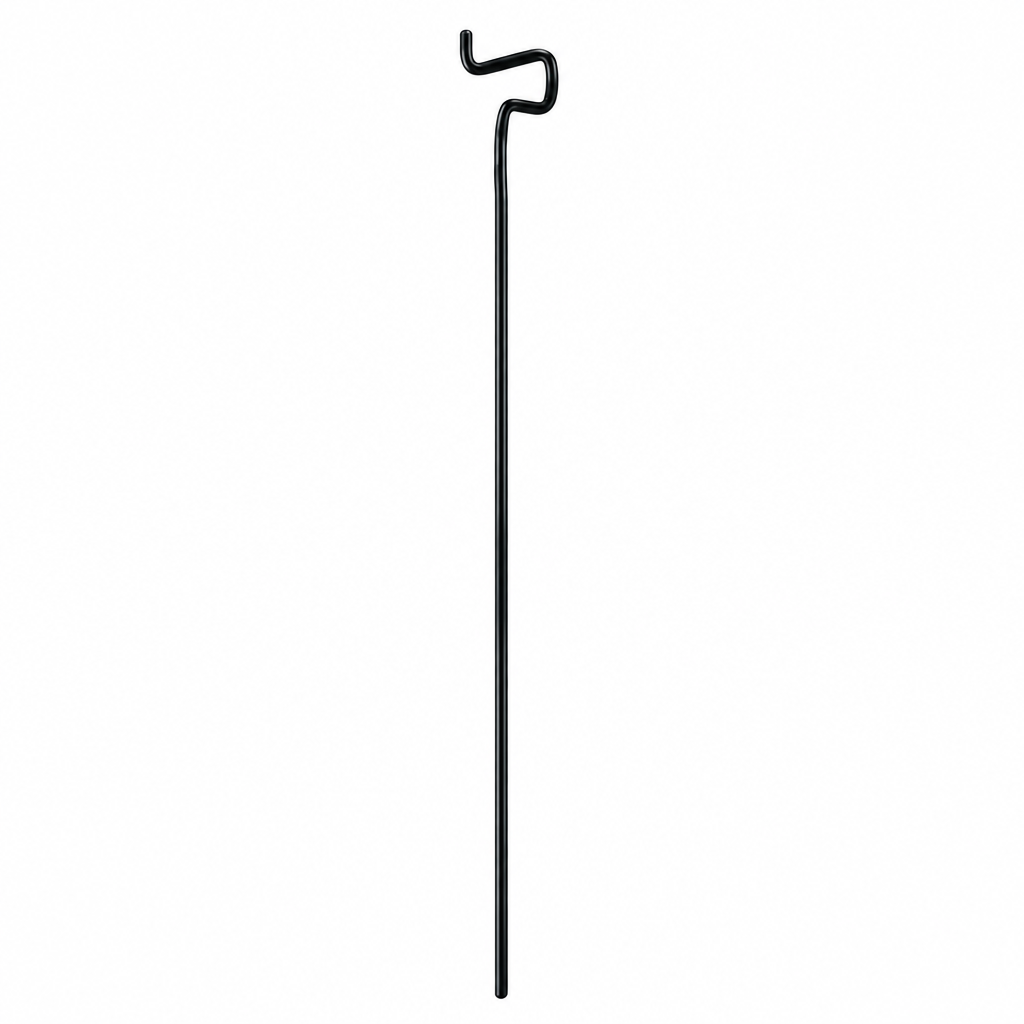 Garment rack upright pole with hanging hook, partial view