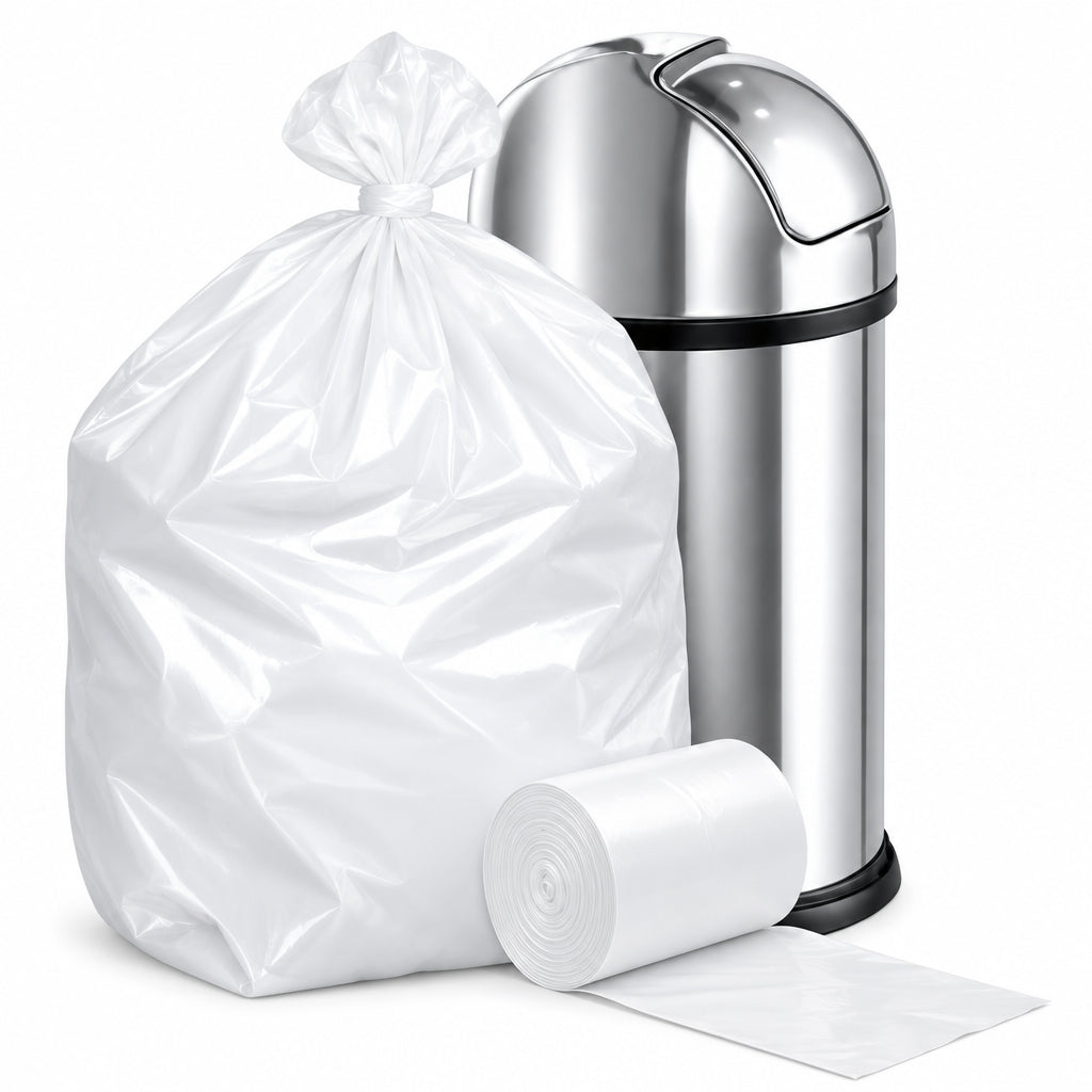Clear high-density trash bag in a stainless steel can with a roll of bags