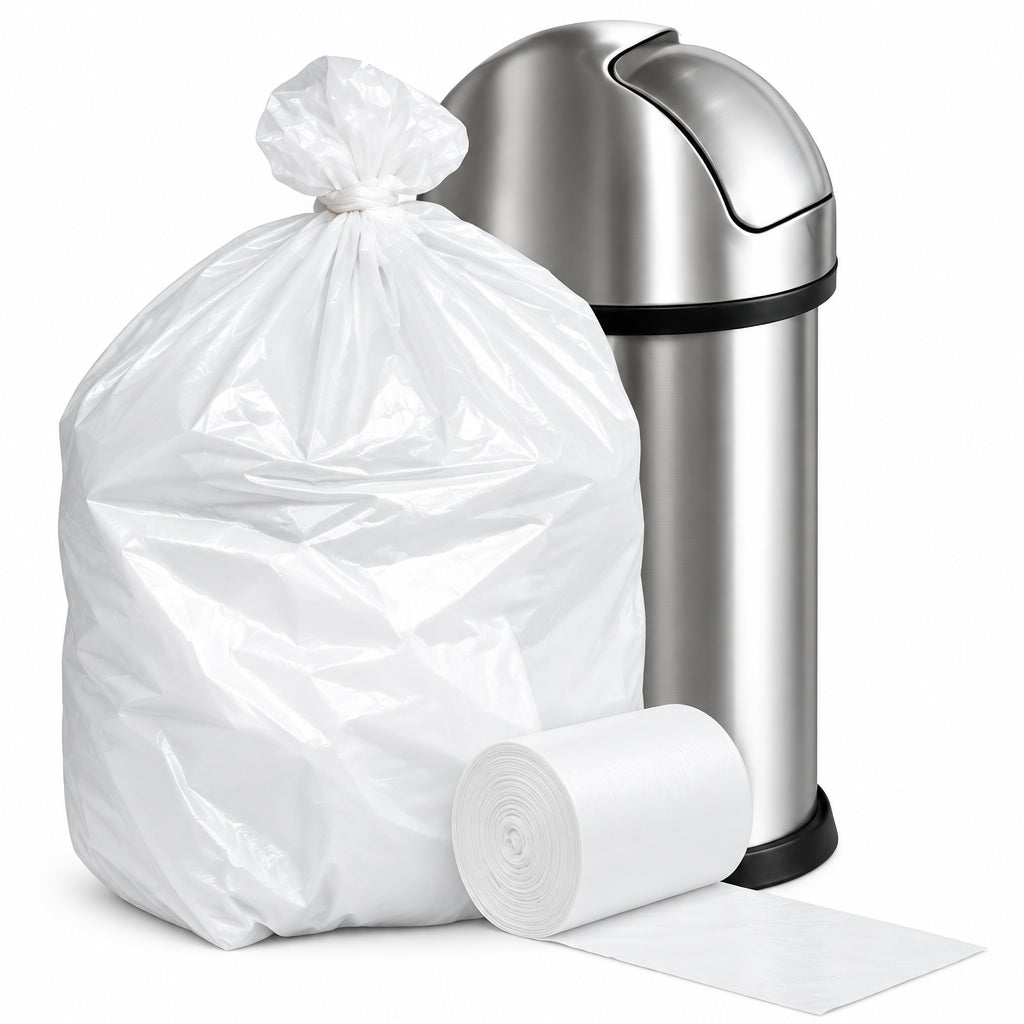 Clear high-density trash bag in a stainless steel can with a roll of bags