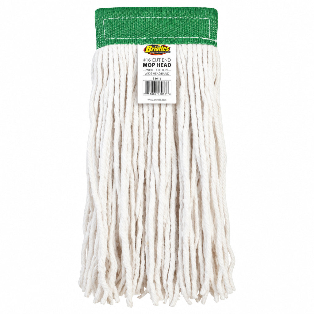 White cotton industrial mop head with green headband