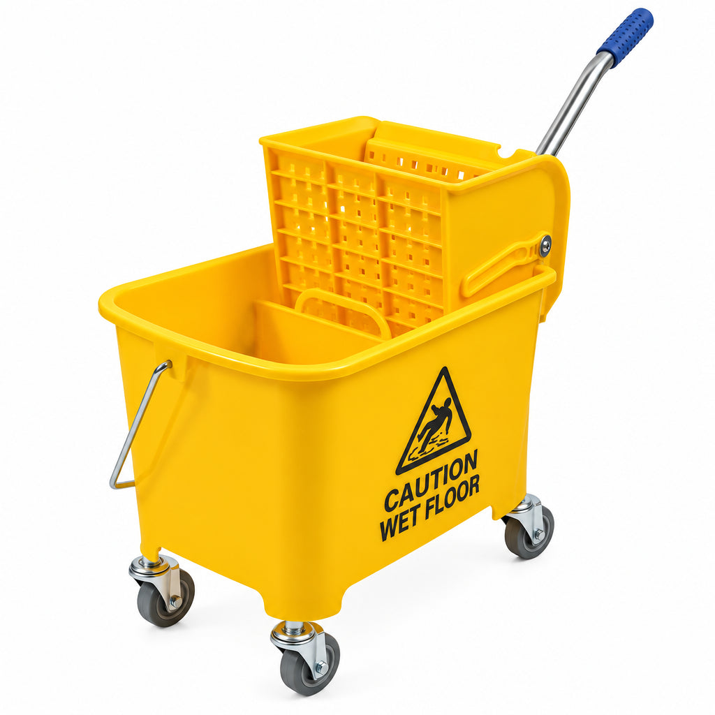 Yellow commercial mop bucket with side-press wringer on casters