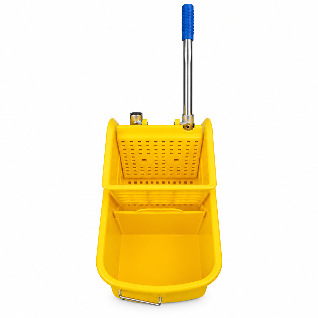 Yellow mop wringer attachment with blue-grip handle