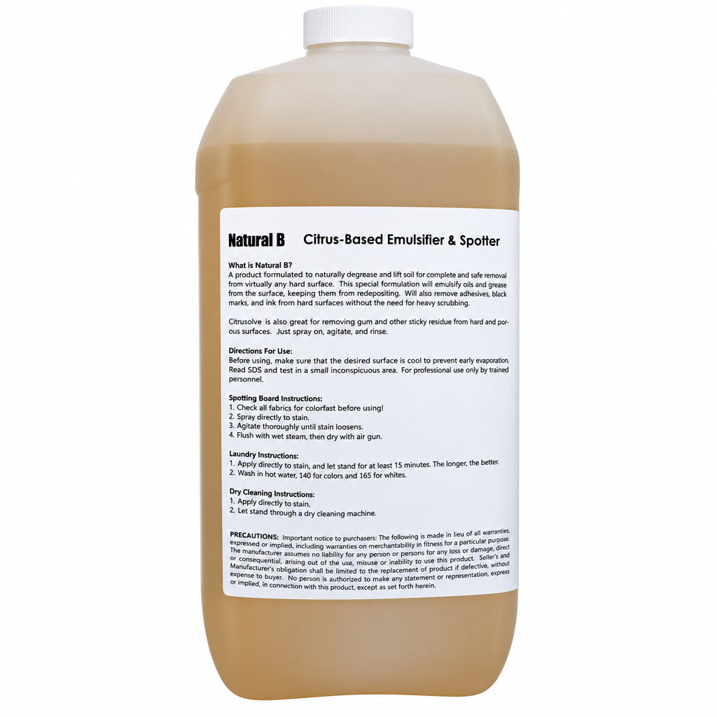 Side label of Natural B emulsifier gallon jug with directions